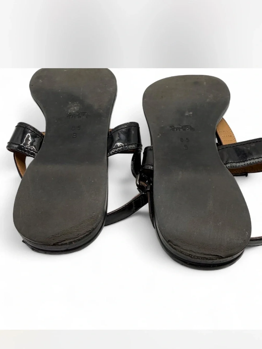 Coach Womens black Patent Leather T-Strap Sandals